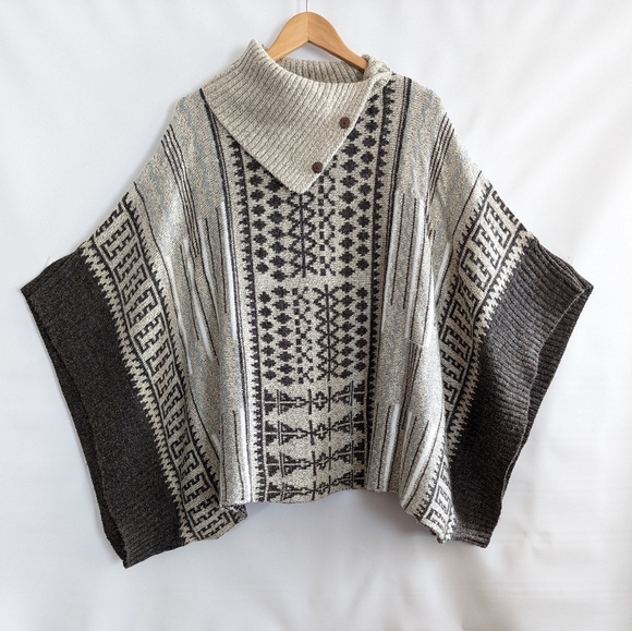 Yaira Cowl Neck Poncho Sweater One size Fits Tan Brown Gray Boho - Picture 9 of 9